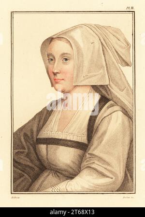 Portrait d'une femme inconnue, cour du roi Henri VIII, c. 1532. Gravure à l'effigie d'un coperplate de couleur main par George Sigmund Facius après un portrait de Hans Holbein le plus jeune à partir d'imitations des dessins originaux de Hans Holbein, John Chamberlaine, Londres, 1812. Banque D'Images