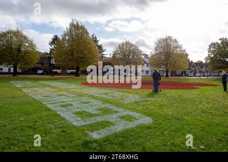 Wooburn Green, Royaume-Uni. 9 novembre 2023. Un magnifique énorme cypher de coquelicot a été peint sur le vert du village à Wooburn Green, Buckinghamshire avant le jour de l'Armistice et le dimanche du souvenir ce week-end avec les mots Wooburn Green We Will Remember. Prenant trois heures pour terminer, le coquelicot de 10 pieds a été conçu et peint par le gardien de sol local et gestionnaire des contrats à Groundtel, Danny Perkins. Les 1st Wooburn Scouts ont également placé 146 croix commémoratives à côté du coquelicot en mémoire des villageois morts pendant la première et la Seconde Guerre mondiale. Crédit : Maureen McLean/Alamy Live News Banque D'Images