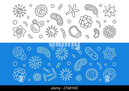 Ensemble de 2 bannières horizontales de virus et de micro-organismes - illustration de concept de vecteur dans le style de ligne mince Illustration de Vecteur