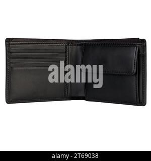 Ouvrez le portefeuille noir, vide. Compartiments visibles pour cartes de crédit, documents et argent Banque D'Images