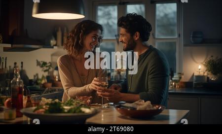 Un jeune couple d'adultes est heureux de célébrer ensemble à leur comptoir de cuisine Banque D'Images