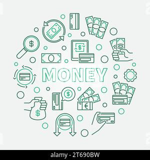 Illustration ronde de concept de vecteur d'argent faite avec de l'argent, carte de crédit, icônes de contour de billet de banque en forme de cercle Illustration de Vecteur