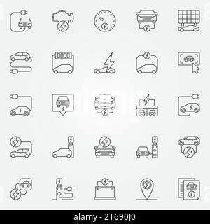 Icônes de contour de voiture électrique définies. Symboles vectoriels de concept d'automobile électrique enfichables dans le style de ligne mince. Panneaux linéaires pour stations de charge de véhicules électriques Illustration de Vecteur