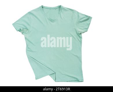 Modèle de tshirt vert clair prêt pour vos propres graphiques, t-shirt vert isolé sur fond blanc maquette Banque D'Images