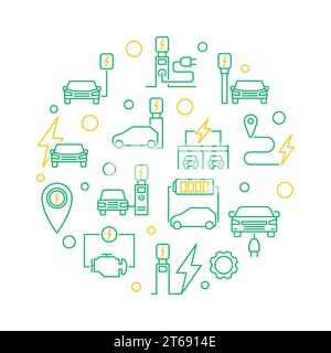 Station de charge de voiture électrique vecteur rond illustration créative verte dans le style de ligne mince sur fond blanc Illustration de Vecteur