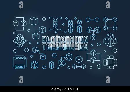 Bannière horizontale bleue de vecteur de technologie blockchain ou illustration dans le style de contour sur fond sombre Illustration de Vecteur