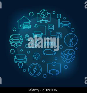 Illustration vectorielle bleue ronde de voitures électriques dans un style linéaire sur fond sombre Illustration de Vecteur