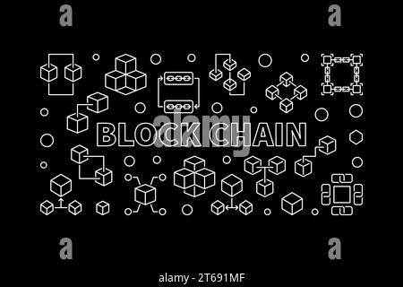 Block Chain Vector concept illustration horizontale ou bannière dans le style de ligne mince sur fond sombre Illustration de Vecteur