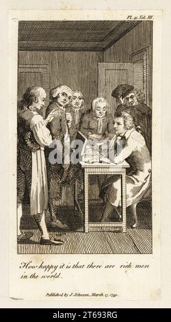 Un fabricant de laine qui paie des salaires à ses employés, XVIIIe siècle. M. Jones est assis à un bureau avec des grands livres et de l'argent, alors que les tisserands se alignent pour être payés. À quel point il est heureux qu'il y ait des hommes riches dans le monde. Gravure sur plaque de coperplate de William Blake d'après une illustration de Daniel Nikolaus Chodowiecki de la traduction de Mary Wollstonecraft des éléments de moralité de Christian Gotthilf Salzmann, Londres, 1791. Banque D'Images