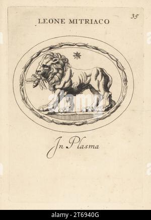 Lion de Mithras avec une abeille dans sa bouche. Culte de Mithras, inspiré par le dieu du Soleil zoroastrien Mithra. De la forte est venu vers la douceur. Léone Mitriaco dans le plasma. Gravure de coperplate par Giovanni Battista Galestuzzi d'après Leonardo Agostini de gemmae et Sculpturae Antiquae Depitti ab Leonardo Augustino Senesi, Abraham Blooteling, Amsterdam, 1685. Banque D'Images