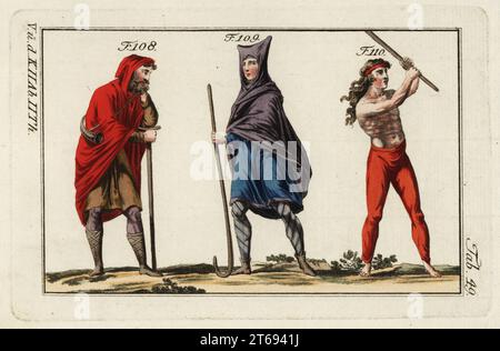 Bergers normands en capuce (manteau à capuchon) 108, 109 et paysan normand en pantalon rouge 110. Les bergers portent des escrocs et des cornes, tandis que les paysans exercent un personnel. Gravure en coperplate de couleur main de la photo historique de Robert von Spalart des costumes du peuple principal de l'Antiquité et du Moyen-âge, Vienne, 1802. Banque D'Images