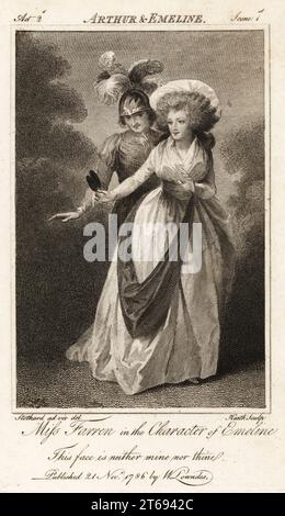 Miss Elizabeth Farren dans le personnage d'Emeline dans John Drydens Arthur et Emeline. Actrice irlandaise 1759-1829 qui a épousé Edward Stanley-Smith, 12e comte de Derby. Gravure sur picots en cuivre par Heath d'après une illustration tirée de la vie par Thomas Stothard et publiée dans The Universal Magazine, W. Lowndes, Londres, 1786. Banque D'Images