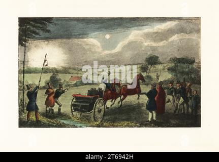 Homme anglais conduisant un tandem à travers le pays par le clair de lune et les lanternes. Mytton, ivre, rentrait de Cronkhill pour un pari. Comment traverser un pays confortablement après le dîner. Télécopie Chromolithographique d'une illustration de Henry Thomas Alken de Memoirs of the Life of the late John Mytton de Nimrod aka Charles James Apperley, Kegan Paul, Londres, 1900. Banque D'Images