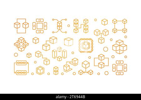 Bannière horizontale jaune de vecteur de technologie blockchain ou illustration dans le style de ligne mince sur fond blanc Illustration de Vecteur