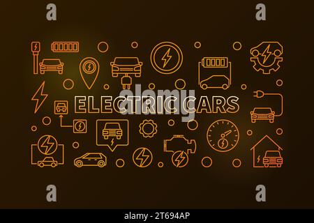 Illustration horizontale dorée de vecteur de voitures électriques ou bannière dans le style de contour sur fond sombre Illustration de Vecteur