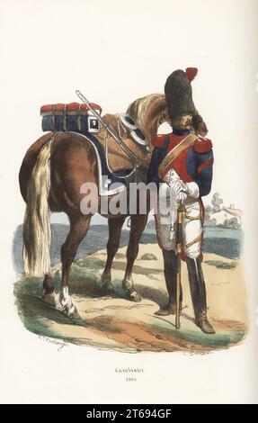 Uniforme des carabiniers, régiment de cavalerie lourde français, 1805. Porter une peau d'ours, un manteau bleu avec des épaulettes rouges, un pantalon blanc, des bottes, armé de carabine et d'épée. Carabinier. Gravure sur bois colorée à la main par François Rouget d'après une illustration d'Hippolyte Bellangé de P.M. Laurent de lArdeches Histoire de Napoleon, Paris, 1840. Banque D'Images