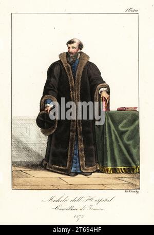 Michel de l'Hôpital, homme d'État français et chancelier de France, 1507-1573. cape en velours doublé de fourrure et chapeau de fourrure. Michel de l'Hôpital. Chancelier de France. Lithographie coloriée à la main de Lorenzo Bianchi d'après Hippolyte Lecomte de Costumi civili e militari della monarchia francese dal 1200 al 1820, Naples, 1825. Édition italienne des costumes civils et militaires Lecomtes de la monarchie française de 1200 à 1820. Banque D'Images