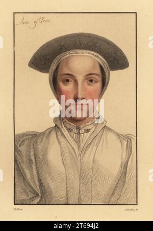 Anne de Cleves, 4e épouse du roi Henri VIII, 1515-1557, reine d'Angleterre. Parfois identifiée comme sa sœur Amalia de Cleves, 1517-1586.. Ann de Cleve. Gravure à l'effigie d'Anthony Cardon sur une plaque de coperplate de couleur main après un portrait de Hans Holbein le plus jeune à partir d'imitations de dessins originaux de Hans Holbein, John Chamberlaine, Londres, 1812. Banque D'Images