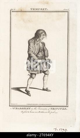 M. Baddeley dans le caractère de Trinculo dans le Tempest de William Shakespeare, le théâtre Drury Lane, 22 avril 1768. Tenant sa queue de manteau, en double et en tuyau, en forme de cheveux. Robert Baddeley, 1733-1794, comédien anglais, a épousé l'actrice Sophia Snow. Gravure sur plaque après un portrait de Thomas Parkinson de l'édition de Shakespeare de John Bell, Londres, 20 janvier 1776. Banque D'Images