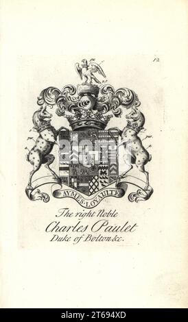 Armoiries et écusson du noble droit Charles Powlett, 3ème duc de Bolton, 1685-1754. Gravure de Copperplate par Andrew Johnston après C. Gardiner de Notitia Anglicana, Shwing the Réalisations of all the English Noblesse, Andrew Johnson, The Strand, Londres, 1724. Banque D'Images