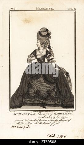 Mme Ann Barry dans le personnage d'Athenais dans Nathaniel Lees Theodosius, Kings Theatre, 1766. Ann Street, 1734-1801, était une actrice principale du 18e siècle apparaissant comme Mme Dancer et plus tard Mme Barry et Mme Crawford. Gravure sur cuivre de J. Thornthwaite d'après une illustration de James Roberts du Bells British Theatre, composée des pièces anglaises les plus appréciées, John Bell, Londres, 1776. Banque D'Images