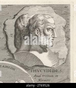 Thucydide, historien athénien et général, c.460-400 av. J.-C.. Auteur d'une histoire de la guerre du Péloponnèse relatant la guerre du Ve siècle av. J.-C. entre Sparte et Athènes. Thucydide. Gravure sur cuivre d'après une illustration de Joachim von Sandrart tirée de sa LAcademia Todesca, della Architectura, Scultura & Pittura, oder Teutsche Academie, der Edlen Bau- Bild- und Mahlerey-Kunste, Académie allemande d'architecture, de sculpture et de peinture, Jacob von Sandrart, Nuremberg, 1675. Banque D'Images