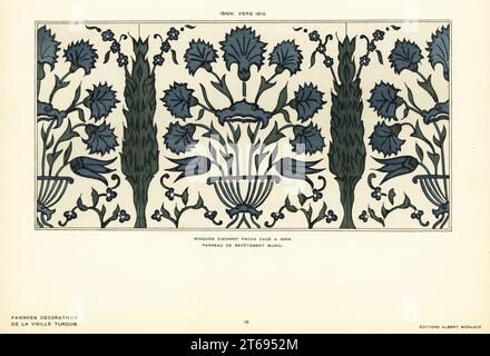 Panneau de carreaux muraux en céramique décorés de feuillage dans la mosquée Esrefzade à Iznik, Bursa, fabriqué à Iznik, Turquie, vers 1610. Mosquee dEchref Pacha Zade a Isnik. Panneau de revêtement mural. Isnik (vers 1610). Pochoir lithographie coloriée à la main d'Alexandre Raymonds Faience Decorative de la Vieille Turquie, Poterie décorative de la Turquie antique, Editions Albert Morance, Paris, 1927. Banque D'Images