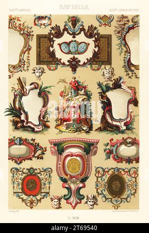 Cartouches pour livres, planches à livres, camaieu du 18e siècle. Par les artistes Bernard Picart 2,3, Elias Nilson 9, Jacques de Lajoue 10,11. XVIIIe siècle. Chromolithographie finie à la main par Launay de Albert-Charles-Auguste ratinettes LOrnage Polychrome, (ornement polychromatique), Firmin-Didot, Paris, 1869-73. Banque D'Images