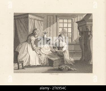 La mère, l'infirmière et la fée. Une sprite se tient sur le berceau d'un bébé dans une chambre. La nounou craint que le bébé ait été échangé contre un changement stupide. Gravure sur plaque de coperplate par Wilson d'après une illustration de William Kent de Fables par John gay, avec a Life of the Author, John Stockdale, Londres, 1793. Banque D'Images