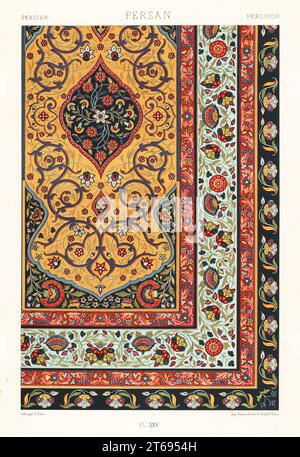 Art persan : tapis brodé. Tapis aux arabesques et aux fleurs montrant l'influence de l'art indien Persan. Chromolithographie finie à la main par F. Durin de Albert-Charles-Auguste ratinettes LOrnage Polychrome, (ornement polychromatique), Firmin-Didot, Paris, 1869-73. Banque D'Images