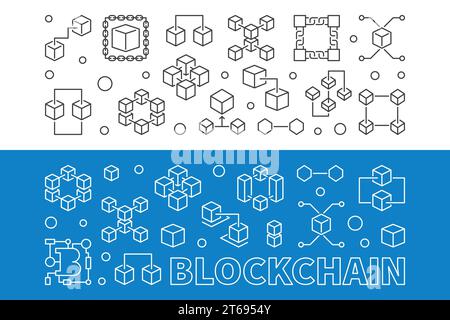 Jeu de bannières de contour de crypto-monnaie blockchain. Illustration vectorielle de chaîne de blocs dans le style de ligne mince Illustration de Vecteur