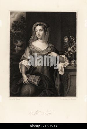 Portrait de Mme Nott de Canterbury, née Mlle Stanley, décédée en 1711, une des trois beautés de la cour pour Marie II, princesse d'Orange. Assis, en voile, lisant un livre. Gravure sur acier de J. Thomson d'après un portrait de Willem Wissing de Mme Anna Jamesons mémoires des beautés de la Cour du roi Charles II, Henry Coburn, Londres, 1838. Banque D'Images