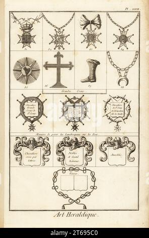 Écussons des ordres de chevalerie. Order de l'épée 81, St Jean de Latran 82, Chapitre d'Alix 83, St Rupert 84, l'aile de St Michel 85, St Antoine en Ethiopie 86, de la Chausse 87, Croissant chez les Tures 88, grandes Croix : Croix de St Louis, notre Dame de Mont Carmel, St Jean de Jerusalem. Et des lambrequins sur des boucliers : Chevaliers, Nobles, Annoblis, veuves. Gravure sur cuivre de Robert Benard de Blason ou Art Héraldique, section héraldique de Denis Diderot et Jean-Baptiste le rond dAlemberts Encyclopédie, publiée par Brisson, David, le Breton et Durand, Paris, 1763. Banque D'Images