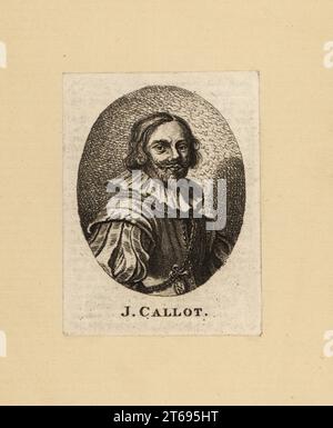 Portrait ovale de Jacques Callot, graveur baroque et dessinateur du duché de Lorraine, c. 1592-1635. Dans le col à revers, doublet avec manches écrasées. Gravure d'un livre du XIXe siècle copié de.a portrait de Masne. Banque D'Images