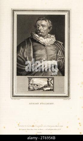 Portrait d'Adriaan van Stabemt, peintre flamand et graveur connu pour ses paysages, 1580-1662. Adrian Stabemt. Médaillon montre le moulin à vent. Gravure en acier par John Corner après un portrait d'Anthony van Dyck de Portraits de célèbres peintres avec des médaillons de leurs meilleures performances, Longman, Hurst, Rees, Orme & Brown, Londres, 1826. Banque D'Images