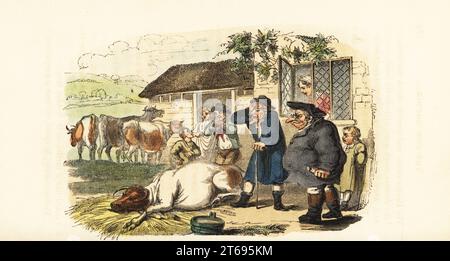 Un vétérinaire obèse examine une vache malade dans une ferme laitière. Le fermier et la servante regardent. Docteur en vache. Gravure sur bois colorée à la main d'après une illustration de Thomas Rowlandson de W. H. Harrisons The Humourist, a Companion for the Christmas Fireside, Rudolph Ackermann, 19 Strand, Londres, 1831. Banque D'Images