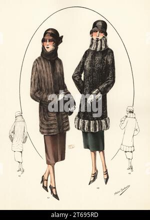 Les femmes à la mode sont vêchées de coupes courtes, de chapeaux de cloche et de manteaux de fourrure courts. Veste mi-longueur à mini, jaquette en vison 41. Blouson longueur genou en agneau avec garniture chinchilla, jaquette en breitschwanz 42. Lithographie de couleur main de modèles originaux de Fourrures, modèles originaux en fourrure, n° 17, atelier Bachwitz, Vienne, 1926. Banque D'Images