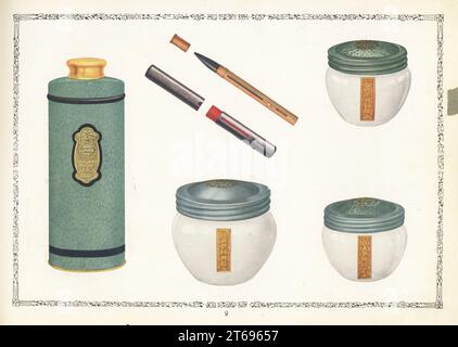 Cosmétiques Daphne de CPC, 1926. Peut de poudre de talc, crayon de sourcil, rouge à lèvres, et pots de crème de massage roulante, crème de cerate et d'éliminer. Chromolithographe par un artiste inconnu du catalogue de produits de la California Perfume Company (plus tard Avon), New York, Kansas, Montréal, 1926. Banque D'Images