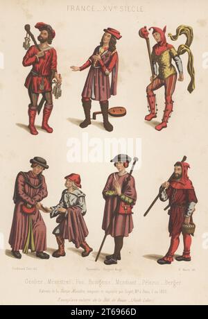 Costumes français, 15e siècle. Gaoler, minstrel, idiot, bourgeois, mendiant, pèlerin et berger. Geolier, menestrel, fou, bourgeois, mendiant, pelerin, berger. Siecle XVe. Tiré de la danse macabre, composé et imprimé par Guyot, Paris, 1490. Chromolithographie de H. Moulin d'après une illustration de Ferdinand Sere de Charles Louandres les Arts psychiatriques, les Arts sommaires, Hangard-Mauge, Paris, 1858. Banque D'Images