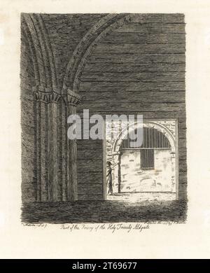 Intérieur avec plafonds voûtés et arches, Prieuré de la Sainte Trinité, Aldgate, Londres, 1807. Coperplate dessinée et gravée par James Peller Malcolm à partir de ses anecdotes sur les manières et les coutumes de Londres au XVIIIe siècle, Longman, Hurst, Londres, 1808. Malcolm (1767-1815) était un topographe et graveur américain-anglais, Fellow de la Société des antiquaires. Banque D'Images