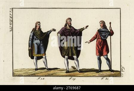 Hommes anglo-saxons portant des manchons sur une tunique et des bas. Diverses façons de porter un manteau attaché à l'épaule 28, ou gorge 29, et un jeune portant un manteau court au-dessus de la tunica 30. Gravure en coperplate de couleur main de la photo historique de Robert von Spalart des costumes du peuple principal de l'Antiquité et du Moyen-âge, Vienne, 1796. Banque D'Images