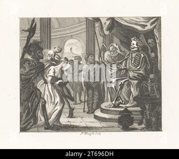 La Cour de la mort. Une femme est portée devant le squelette de la mort sur son trône avec une couronne de Laurier et un sceptre. Autour de lui, le temps du Père avec le scythe, la goutte avec la béquille, la peste, la guerre, la fièvre, Consommation et autres spécures. Gravure sur plaque de coperplate par Peter Mazell d'après une illustration de William Kent de Fables par John gay, avec a Life of the Author, John Stockdale, Londres, 1793. Banque D'Images
