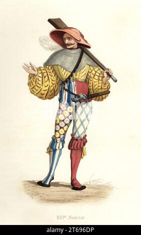 Landsknechte arquebusier allemand, 16e siècle. En jugulaire à manches larges et entaillé, collier de colimaçon, bandolière avec cartouches, chalumeau, culottes et tuyaux de couleur partites, jarretières soufflées. Arquebusier Allemand. D'après une gravure sur bois de Wolffgang Heusler et Hans Guldenmundt. Jules Jacquet. Lithographie coloriée à la main de Jules Jacquet d'après une illustration d'Edmond LeChevallier-Chevignard tirée des costumes historiques des XVIe, XVIIe et XVIIIe siecles de Georges Duplessis 17, Paris, 16 18 1867. Edmond LeChevallier-Chevignard était un artiste, illustrateur de livres, Banque D'Images