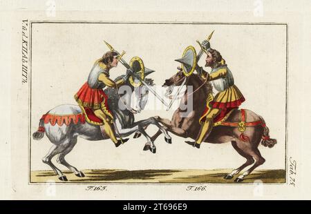 Deux chevaliers en armure à cheval combattant un duel avec des épées dans un tourney médiéval. Les deux chevaliers combattent avec une longue épée et une targe ou un bouclier, cuirass ou pectoral mais pas de casques, le combat le plus dangereux d'un tournoi. Copié d'une coupe de bois par Jost Amman dans Ritterliche Reutter Kunst, 1584. Gravure en coperplate de couleur main de la photo historique de Robert von Spalart des costumes du peuple principal de l'Antiquité et du Moyen-âge, Vienne, 1802. Banque D'Images