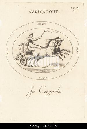 Aurigator ou char romain conduisant une biga, un char à deux chevaux. Il porte un chapeau en feutre pileus et tient un fouet. La paume signifie victoire dans une course. En cornaline. Avricatore. En corgnola. Gravure sur cuivre de Giovanni Battista Galestruzzi d'après Leonardo Agostini de gemmae et Sculpturae Antiquae Depicti ab Leonardo Augustino Senesi, Abraham Blooteling, Amsterdam, 1685. Banque D'Images