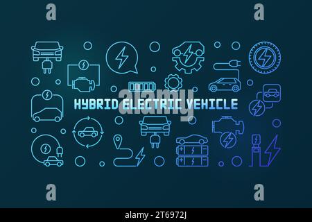 Bannière horizontale bleue de contour de véhicule électrique hybride - Vector Hybrid EV concept illustration linéaire sur fond sombre Illustration de Vecteur