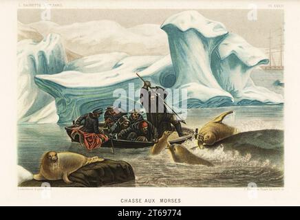 Chasse au morse, Odobenus rosmarus, dans les banquises arctiques. Baleiniers sur un petit bateau chassant avec harpon. Chasses aux morses. Chromolithographie de C. Pierre et Bernard Picart Pierre Lackerbauer d’après le paysagiste François-Auguste Biard d’Alfred Fredols le monde de la mer, le monde de la mer, édité par Olivier Fredol, Librairie Hachette et. C.E., Paris, 1881. Alfred Fredol était le pseudonyme du zoologiste et botaniste français Alfred Moquin-Tandon, 1804-1863. Banque D'Images