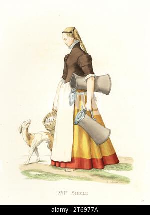 Femme de ménage allemande revenant du marché, XVIe siècle. Elle apporte du porc frais et de la bière. Pieds nus, dans un corsage brun avec col à revers, jupe jaune et tablier blanc. Allemagne, Servante. Après une coupe de bois de couleur main. Lithographie de couleur main par Armand Joseph Lallemand d'après une illustration d'Edmond LeChevallier-Chevignard des costumes historiques des XVIes, XVIIème et XVIIIe (costumes historiques des XVIe, XVIIe et XVIIIe siècles), Paris, 1867. Edmond LeChevallier-Chevignard était artiste, illustrateur de livres et décorateur d'intérieur. Banque D'Images