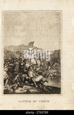 Bataille de Crécy, 26 août 1346, nord de la France. Les chevaliers en armure combattent une mêlée, tandis que la cavalerie combattent les lanciers derrière. L'armée française commandée par le roi Philippe VI et les Anglais dirigés par le roi Édouard III Gravure sur cuivre de M. A. Jones Histoire de l'Angleterre de Jules César à George IV, G. Virtue, 26 Ivy Lane, Londres, 1836. Banque D'Images