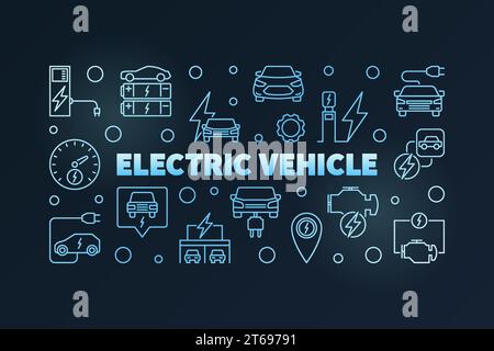 Bannière bleue contour horizontal de véhicule électrique. Illustration de concept de vecteur EV sur fond sombre Illustration de Vecteur